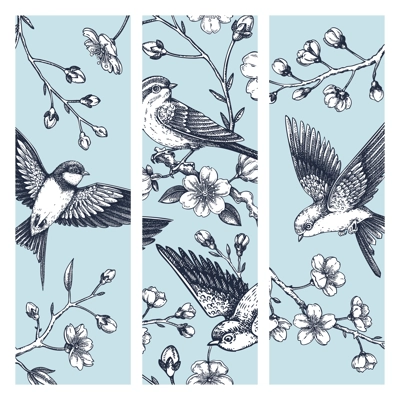Hand drawn spring bookmark design. Cherry blossom and flying bird sketch illustration. Japanese style template for printNOT AI generated